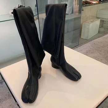 Botines mujer 2021 chunky salto baixo overknee longa Meia botas para mulher dividida toe de couro preto, botas de chuva de luxo tabi bottes